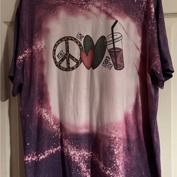 PEACE LOVE AND LOADED TEA, purple bleached out tshirt, top, size XL - Picture 2 of 4